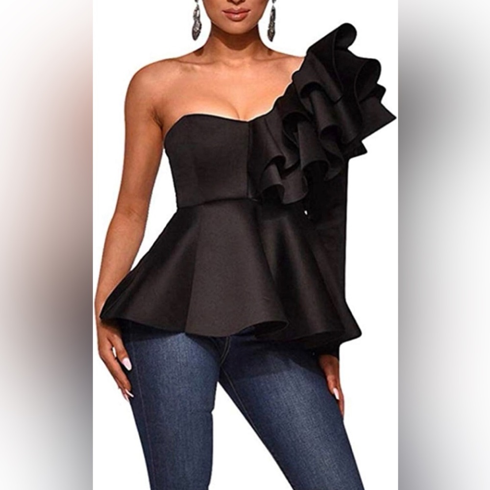 Black One-Shoulder Ruffle Top